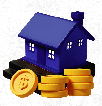 Blue house model with gold coins stacked around it.